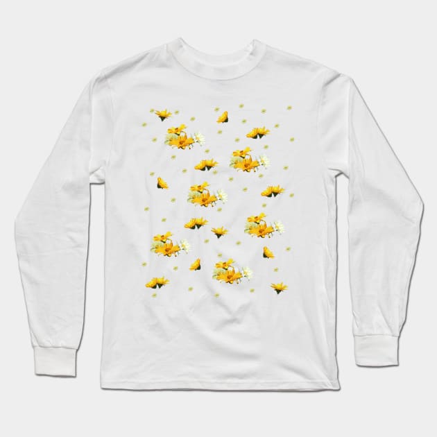 Golden Yellow and White Asters Digital Oil Paint Pattern Long Sleeve T-Shirt by ButterflyInTheAttic